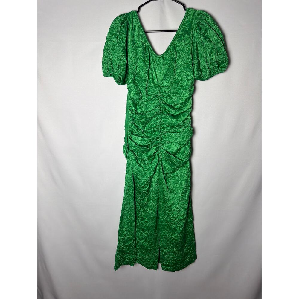 GANNI Ruched Crinkle Satin Midi Dress: Green - Picture 3 of 3